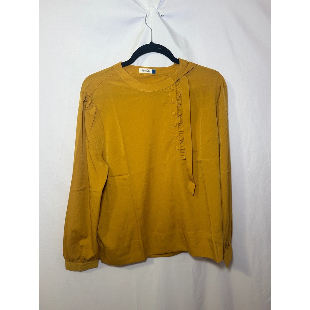Yellow Tie Neck Blouse L Romantic Coquette Ruffle Mustard Tulip B NWOT